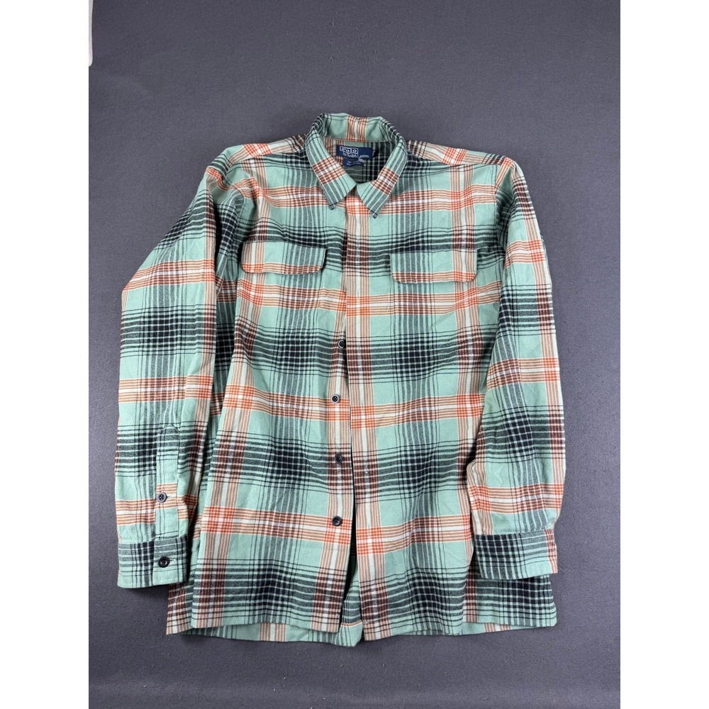 VTG Polo Ralph Lauren Mens Green Ski Camp Shirt Button Up Cotton Flannel Plaid M